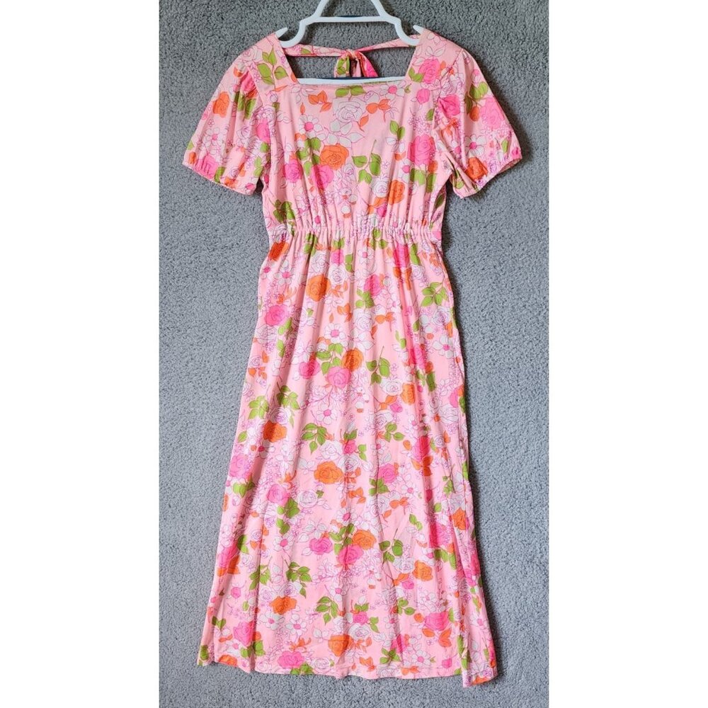 Vtg Retro Velrose Sz M Short Puff Sleeve Maxi Nightgown Lounge Dress Pink Floral